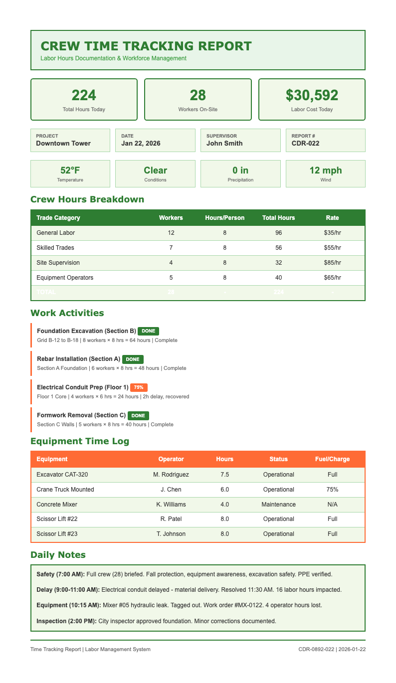 Crew time tracking construction report